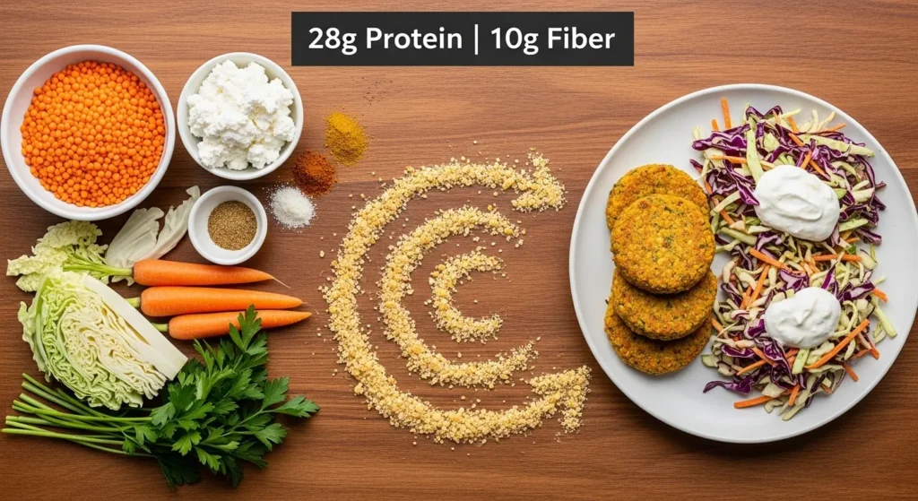 Mix cottage cheese and red lentils with herbs and spices, form into patties, and bake. Serve with a crunchy cabbage and carrot slaw. (Approx. 28g protein, 10g fiber)