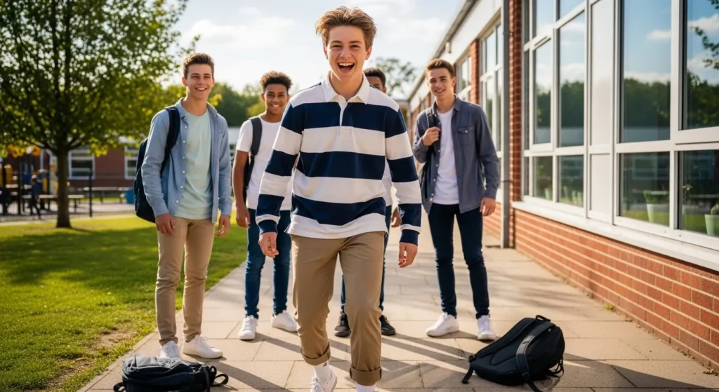 A simple hoodie with denim jeans is a timeless casual look. Opt for neutral or muted tones for a modern aesthetic.
Complete the outfit with low-top sneakers and a wristwatch, keeping it stylish yet effortless for any school day.