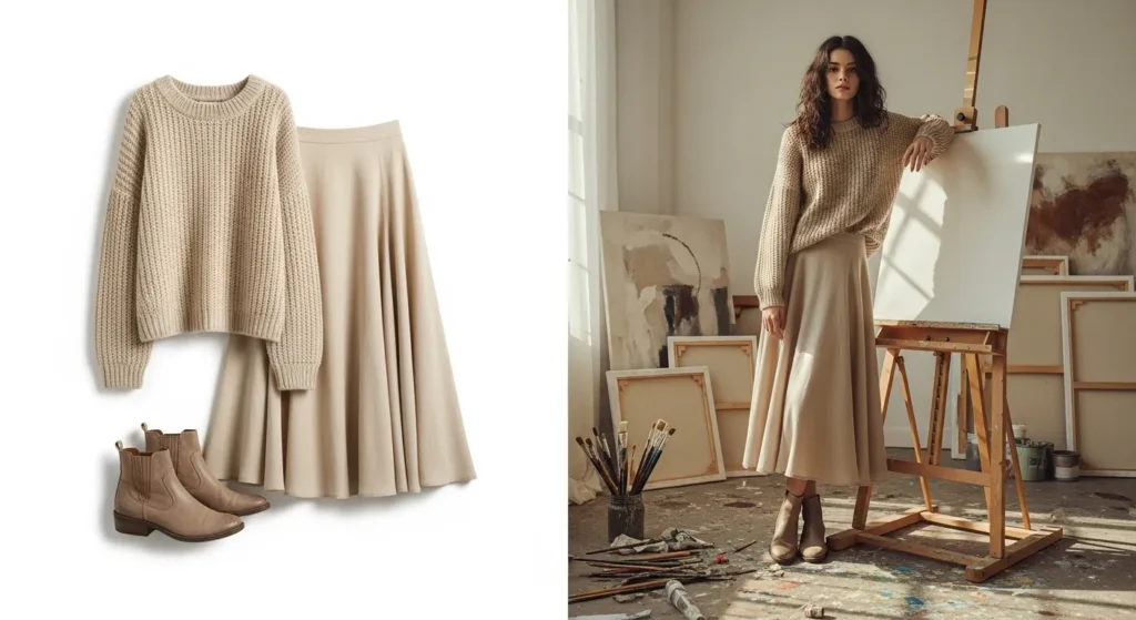 Matching knit sweaters and midi skirts create a soft, cohesive look. This outfit feels warm and chic while staying classroom-appropriate.