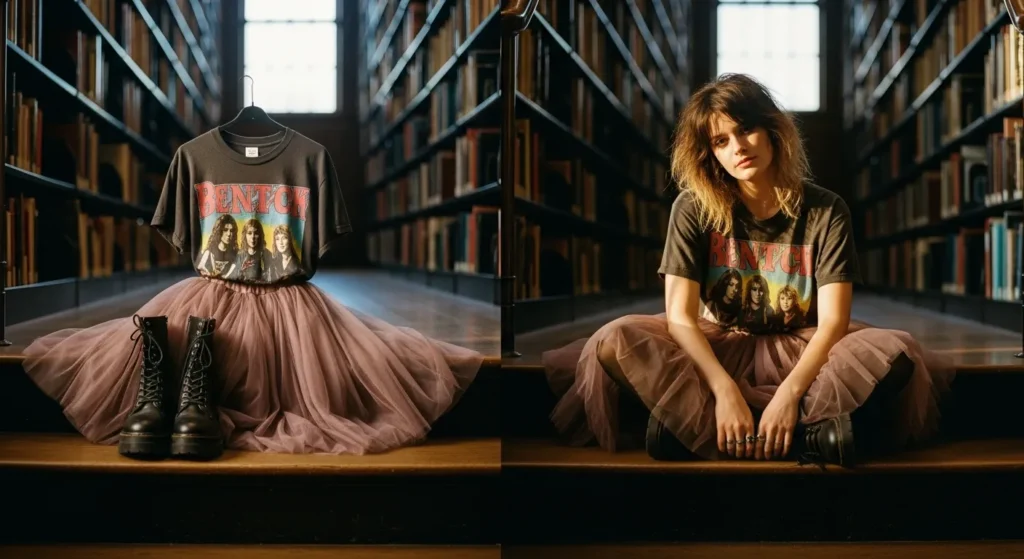 Mixing a retro graphic tee with a playful tulle skirt makes a fun, expressive look. Pair it with combat boots or sneakers for added edge.