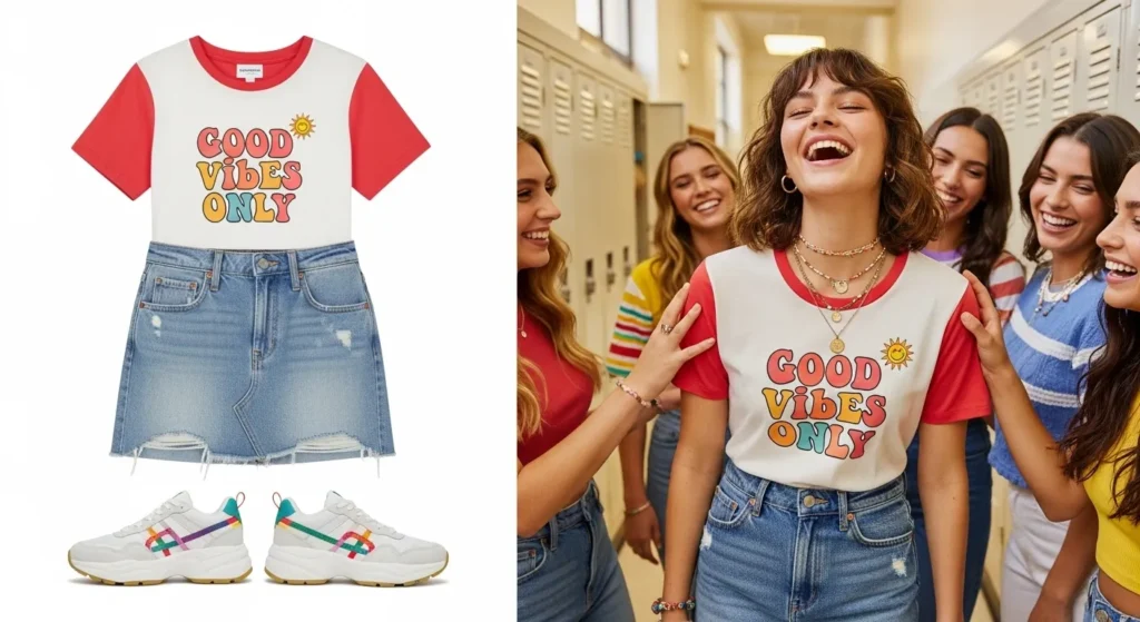 Pair a denim mini or midi skirt with a statement graphic tee for an expressive and trendy look. Add sneakers and a mini backpack to complete the outfit.