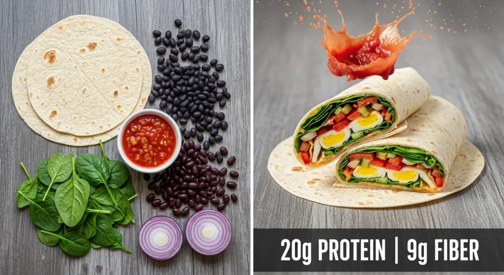 Scrambled eggs, black beans, red onion, salsa, and spinach wrapped in a whole wheat tortilla. Quick and great for on-the-go. (Approx. 20g protein, 9g fiber)