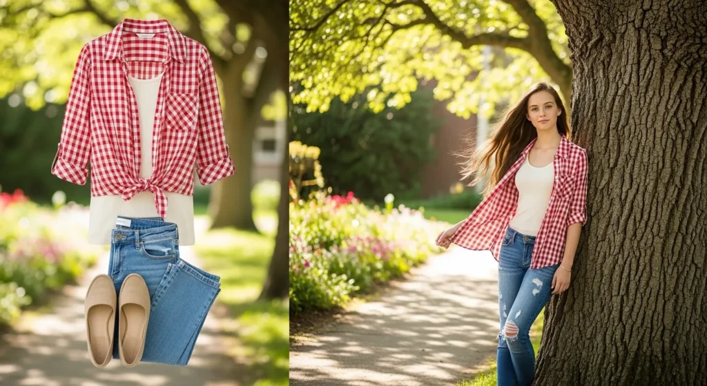A tie-front or knotted shirt layered over a slim tank top and casual jeans gives a playful and relaxed school outfit. Add simple accessories for a polished finish.