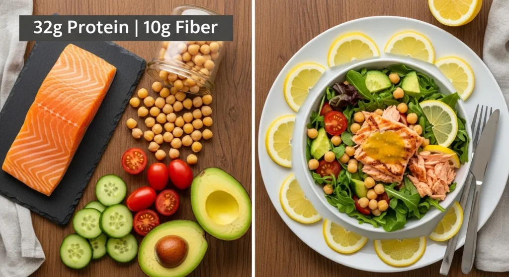 Flaky grilled salmon with mixed greens, cherry tomatoes, cucumber, chickpeas, and avocado. Drizzle with lemon vinaigrette. (Approx. 32g protein, 10g fiber)