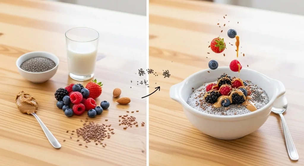 How to make it:
Stir chia seeds into almond milk and let sit overnight. In the morning, top with berries, almond butter, and flaxseed.