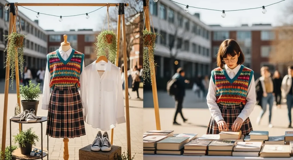 An eco-friendly, stylish option combines a thrifted sweater vest layered over a pleated skirt and classic button-down. Sustainable fashion never looked so chic.
