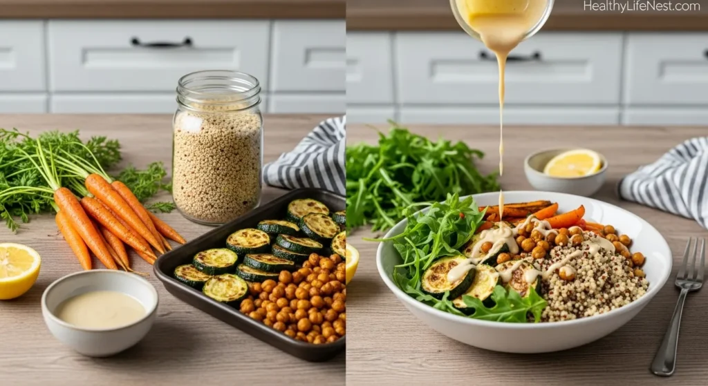 Instructions
Layer quinoa, greens, roasted vegetables. Drizzle with dressing and toss.
