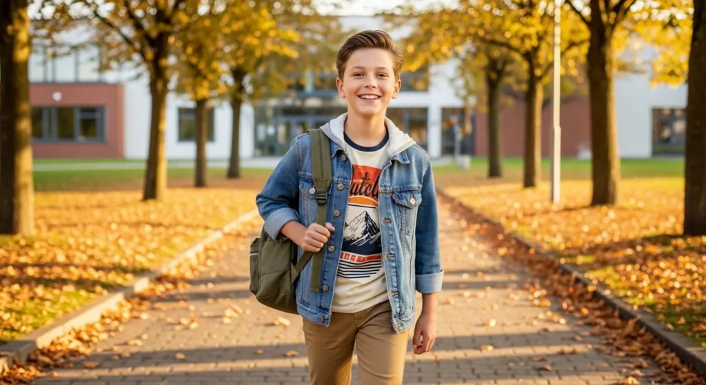 Layering a denim jacket over a lightweight hoodie adds instant style while staying school-appropriate. This combination works well in cooler months and keeps the outfit youthful.
Pair with black jeans and casual sneakers for a modern streetwear-inspired look that’s easy to mix and match with other staples.
