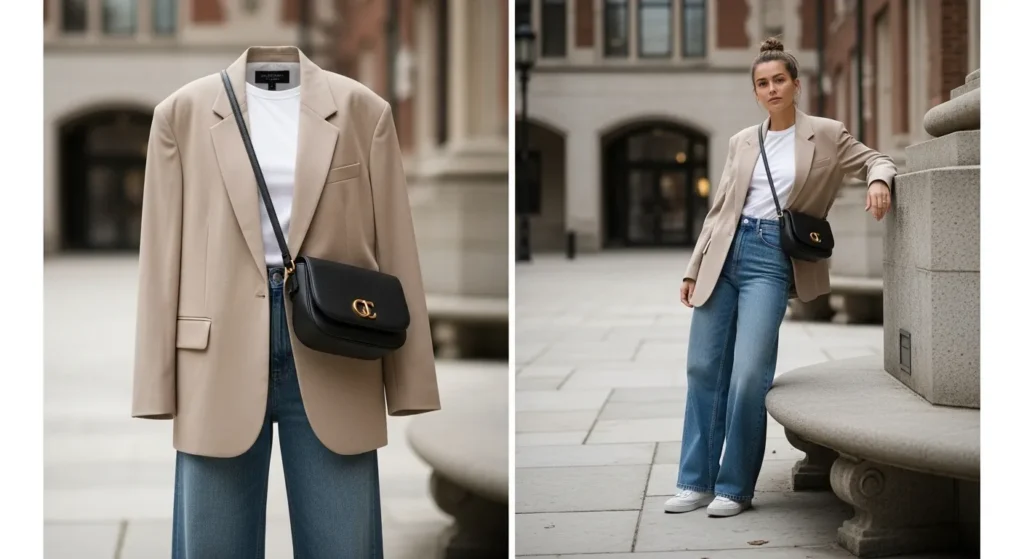 Oversized blazers layered over tucked-in tees and relaxed wide-leg jeans give a polished yet effortless look. This style balances structure and comfort, perfect for transitioning between classes.