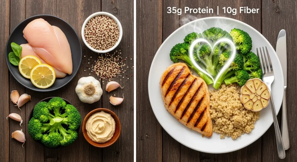 A simple classic: grilled lemon chicken breast with fluffy quinoa and garlic-roasted broccoli. Add a spoonful of hummus for extra fiber and creaminess. (Approx. 35g protein, 10g fiber)