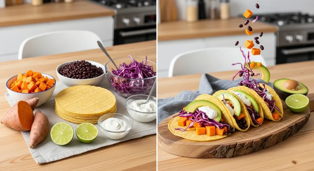 How to make it:
Warm the wrap. Fill with roasted sweet potato, beans, slaw, and toppings of choice.